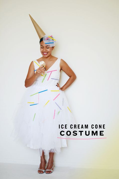 DIY: ice cream cone costume  by MichaelsMakers CAKIES Food Costumes Diy Easy, Ice Cream Costume Diy, Diy Ice Cream Cone Costume, Ice Cream Cone Halloween Costume, Ice Cream Cone Costume, Cone Costume, Diy Ice Cream Cone, Ice Cream Costume, Diy Unicorn Costume