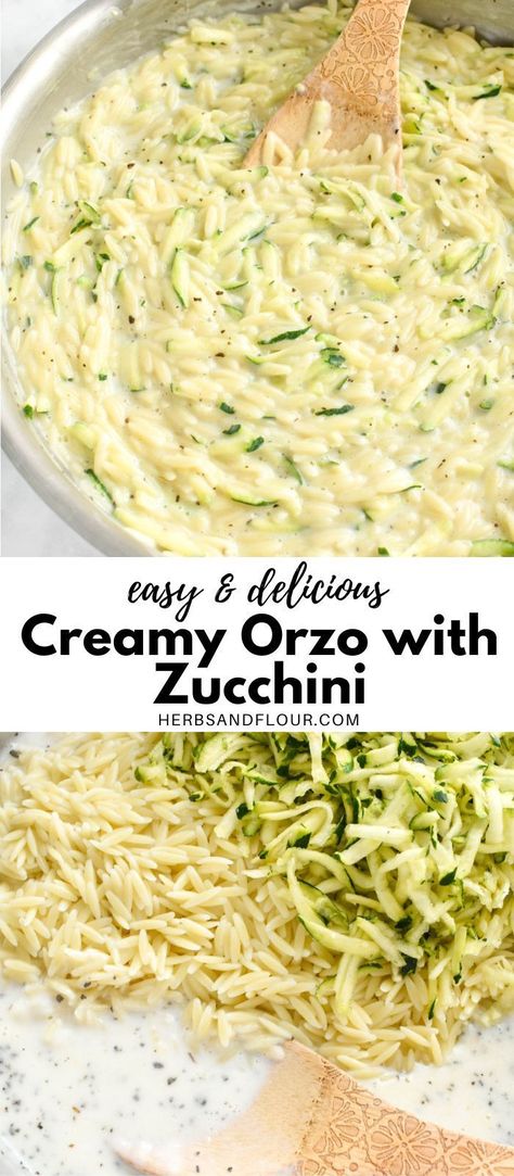 This 15 minute Creamy Orzo with Zucchini recipe makes the perfect side dish or base for your meal! Add your favourite protein like grilled chicken or shrimp and you have a delicious and quick dinner on the table in just 15 minutes! Zucchini Orzo Recipes, Orzo Baby Recipes, Orzo And Zucchini Recipes, Chicken Orzo Zucchini, Lemon Zucchini Orzo, Creamy Zucchini Orzo, Creamy Lemon Feta Zucchini Orzo Hungry Happens, Orzo Zucchini, Zuchinis Recipe Dinner