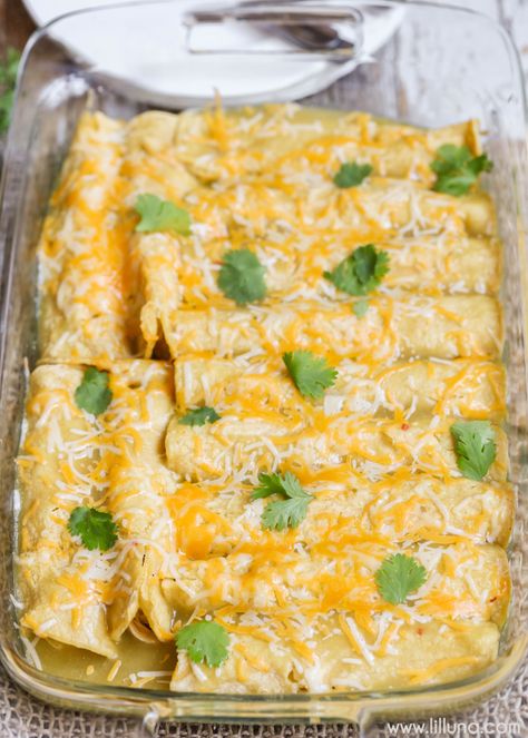 One of our favorite Mexican dishes - Green Chile Chicken Enchiladas recipe!! Corn tortillas stuffed with chicken, cheese, las palmas green chile enchilada sauce, sour cream, and green chiles, topped with more sauce and cheese! Casserole Enchilada, Enchiladas Mexicanas, Green Chili Chicken Enchiladas, Green Sauce Recipe, Panini Recipes Chicken, Green Chile Enchilada Sauce, Green Chicken Enchiladas, Easy Chicken Enchilada Recipe, Best Enchiladas