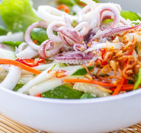 Vietnamese Squid Salad (Goi Muc) — Vietnamese Home Cooking Recipes Vietnamese Salad, Squid Salad, Noodle Soups, Fried Garlic, Home Cooking Recipes, Watercress Salad, Beef Salad, Fried Shallots, Fried Beef