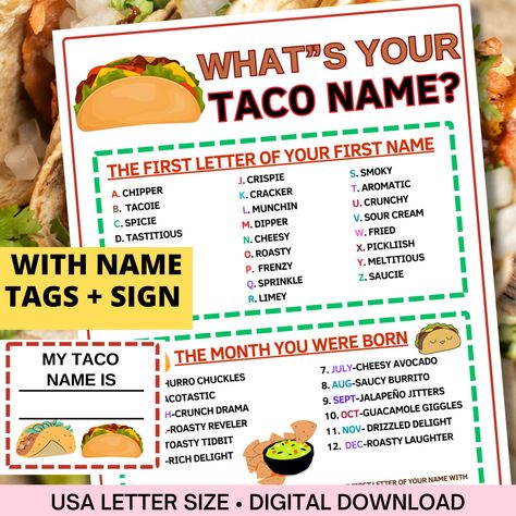 What's Your Taco Name Game With Nametags & Signcinco De Mayo Taco Game Partymexican Printable Family Birthday Game for Kids,teens,adults - Etsy Taco Games, Birthday Games For Kids, Name Game, Taco Lover, Name Games, Game Party, Family Birthday, Game For Kids, Birthday Games