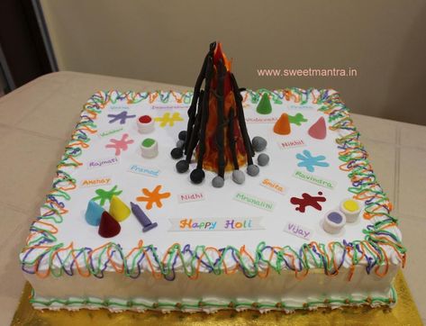 Indian festival holi theme customized colorful cake by Sweet Mantra - Customized 3D cakes Designer Wedding/Engagement cakes in Pune - http://cakesdecor.com/cakes/332309-indian-festival-holi-theme-customized-colorful-cake Holi Cake, 3d Fondant Cake, Holi Theme, Indian Cake, Colorful Cake, Holi Celebration, Desi Wedding Decor, Wedding Gifts Packaging, 3d Cakes