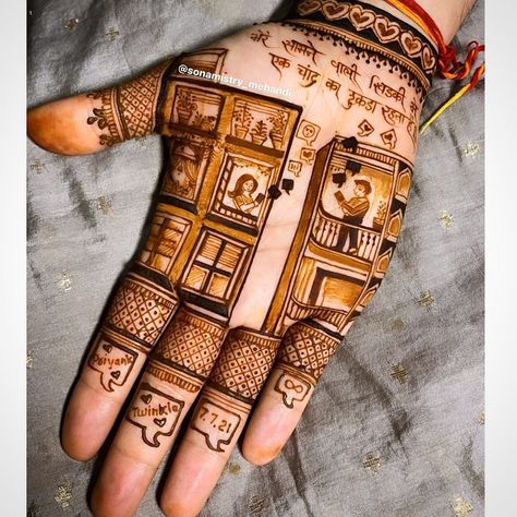 SonaMistry Mehandi|Bridal Mehandi Specialist on Instagram: “Why should only brides get love story customised? This time I customised a love story for a groom. The boy fell in love with a girl who…” Cute Couple Mehndi Design, Gangaur Mehndi Designs, Hand Mahendi, Mehandi Bridal, Unique Henna, Bridal Mehandi, Engagement Mehndi, New Bridal Mehndi Designs, Mehndi Designs 2018