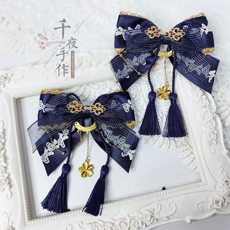 Elegant bowknot hairclip decorated with chain and tassels.   Attention: This price includes a hairclip only, others are not included. Dark Blue Accessories, Gaun Abad Pertengahan, Diy Hair Accessories Ribbon, Merch Products, Kawaii Accessories, Kawaii Fashion Outfits, Anime Dress, Fancy Jewellery, Head Accessories