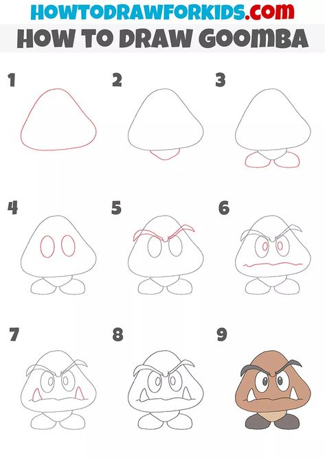 How to Draw Goomba - Easy Drawing Tutorial For Kids Mario Kart Drawing Easy, How To Make A Cartoon Character, Sonic Step By Step Drawing, How To Draw Mario Characters Step By Step, Mario Drawing Easy Step By Step, Learn How To Draw Step By Step, Easy Drawings Tutorial Step By Step, How To Draw Super Mario Characters, How To Draw Luigi