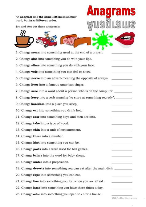 Anagrams - English ESL Worksheets for distance learning and physical classrooms Anagrams Worksheet, Anagram Words, English Printables, Office Workouts, Grammar Help, Recreation Activities, Grandma Camp, Holiday Homework, Team Ideas