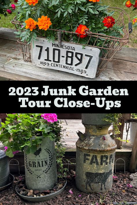 Join Part 2 of my 2023 virtual tour featuring close ups from the junk garden vignettes and beautiful flowers! #junkgarden #gardenjunk #rusticgarden #gardentour Yard Art From Junk Diy Garden Ideas, Landscaping Border, Garden Vignettes, Junk Garden, Organized Clutter, Landscape Borders, My 2023, Garden Container, Grow Food