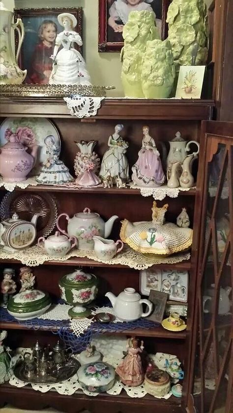 Victorian Goth Decor, Hutch Display, Tea Lounge, Cottage Core Decor, Goth Decor, White Shelves, Victorian Goth, Tea Cups Vintage, Little Houses