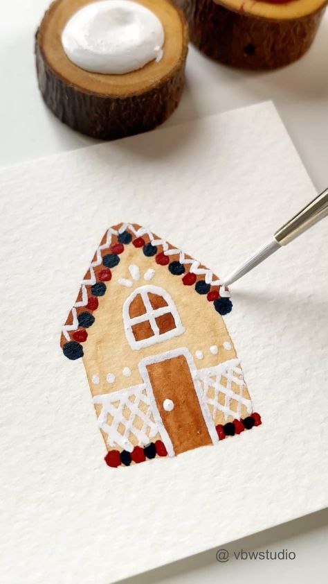 Gingerbread House Watercolor Painting, Watercolour Gingerbread House, Christmas Drawing House, Watercolor Gingerbread House, Gingerbread House Watercolor, Watercolor Paintings Winter, Christmas House Painting, Christmas Watercolor Paintings Easy, Gingerbread House Painting