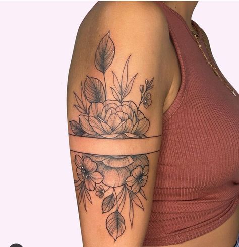 Arm Cap Tattoo, Nature Arm Band Tattoo For Women, Sleeve Band Tattoo, Cuff Tattoo Upper Arm, Tattoo Ideas Arm Band, Women’s Arm Band Tattoo, Tattoo Arm Cuff, Bicep Band Tattoo For Women, Shoulder Cuff Tattoo