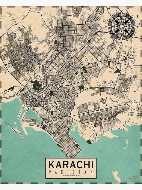 "Karachi City Map of Sindh, Pakistan - Vintage" Poster by deMAP | Redbubble Karachi Aesthetic, Pakistan Wallpaper, Pakistan Map, Maps Aesthetic, Pakistan Art, Street Map Art, Pakistan Travel, Vintage City, Map Vintage