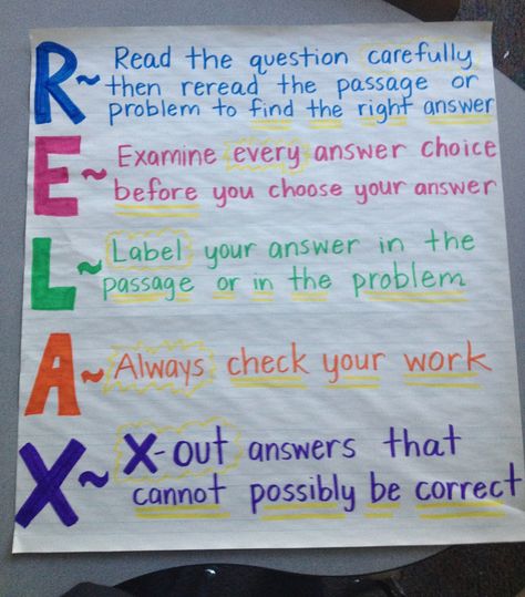 Test taking strategies - RELAX. Love this. Test Strategies, Academic Coach, Test Taking Tips, Staar Review, Reading Coach, Testing Motivation, Test Taking Strategies, Classroom Anchor Charts, School Testing