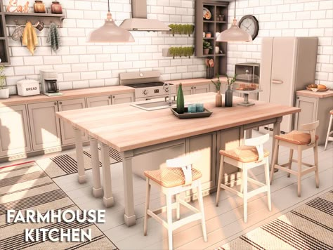 Sims 4 — Farmhouse Kitchen by xogerardine — Adorable farm vibes kitchen with an island and sitting area. Sims 4 Kitchen Cabinets, Sims 4 Farmhouse, Sims Kitchen, Farm Vibes, Sims 4 Cc Furniture Living Rooms, Kitchen With An Island, Sims 4 Kitchen, Build Buy Cc, Sims House Ideas