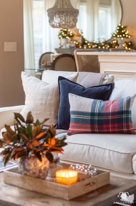 Plaid Christmas Living Room Decor with plaid throw pillow, blue velvet throw pillow, and neutral throw pillow with twinkly lights and garland. #garland #throwpillows #christmasdecor Plaid Themed Christmas, Christmas Tartan, Christmas Room Decor Diy, Minimalist Living Room Decor, Neutral Throw Pillows, Blue Christmas Decor, Plaid Christmas Decor, Tartan Christmas, Themed Christmas