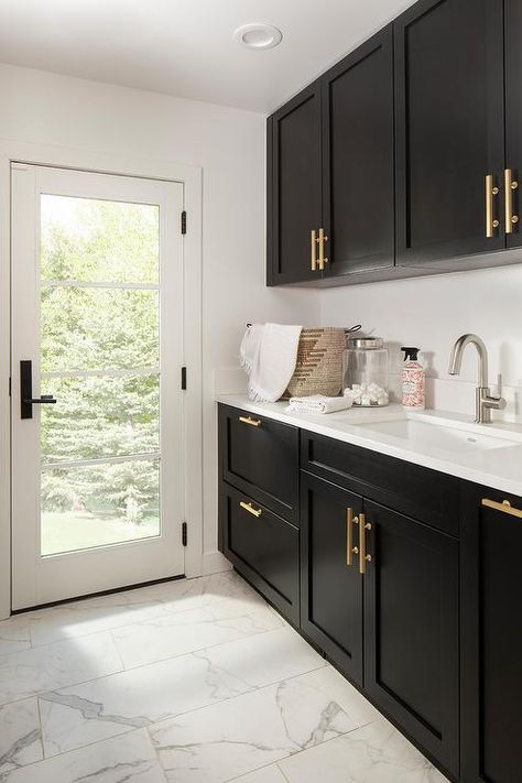 Shaker Laundry, Black And White Laundry Room, Transitional Closet, Slab Backsplash, Gold Pulls, Pantry Cabinets, White Laundry, Laundry Room Renovation, Modern Laundry Rooms