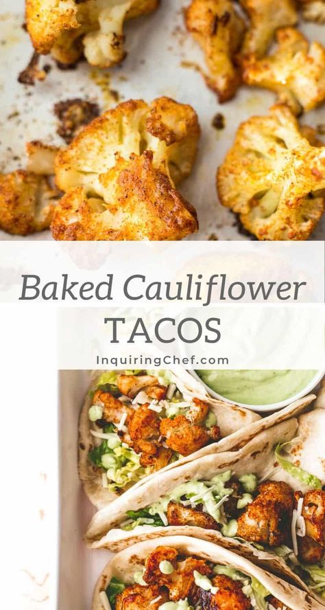 Cauliflower Tinga, Roasted Cauliflower Tacos, Tinga Tacos, Vegetarian Mexican Recipes, Homemade Refried Beans, Vegetarian Mexican, Cauliflower Tacos, Avocado Crema, Vegetarian Tacos