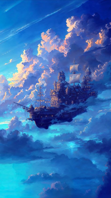 ⁀➷ Wallpaper ✪ Fantasy Landscape Wallpaper, Airship Art, Anime Places, Movie Poster Art, Cool Wallpapers Art, A Ship, Landscape Illustration, Sky Art, Dreamy Art