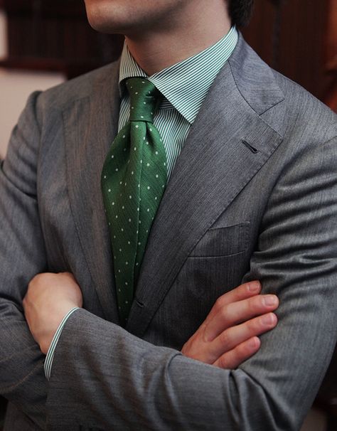 #menswear #dapper style #gray #suit polka dot #green #tie #striped #shirt #outfit #BTailorshop Grey Suit Combinations, Men Wardrobe, Shirt And Tie Combinations, Grey Suits, Grey Suit Men, Suit Combinations, Light Grey Suits, Green Shirt Dress, Formal Fashion