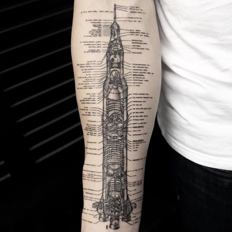 Saturn V blueprint.  all made with a single needle Microrealism Tattoo, Inspiring Quote Tattoos, Rocket Tattoo, V Tattoo, Jagua Henna, Saturn V, Buddha Tattoos, Single Needle Tattoo, Spiritual Tattoos