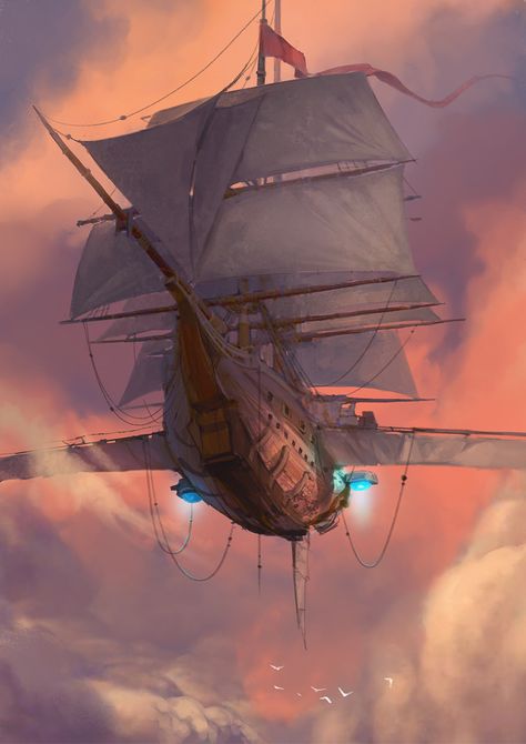 Illustrations I did for Critical Role book (5e DnD) Steampunk Ship, Airship Art, Flying Ship, Steampunk Airship, Rpg Ideas, Heroic Fantasy, Rpg Map, 다크 판타지, Treasure Planet