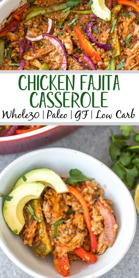 The Chicken Fajita Casserole is a low carb, gluten free and paleo friendly meal that is easy to make and sure to be a hit! It's packed with all of the chicken fajita flavors you love and full of fresh and healthy ingredients like shredded chicken, bell peppers, cauliflower rice, and onions - all wrapped up in a casserole dish! It's perfect for both a weeknight dinner and for meal prep for lunches. This delicious Whole30 casserole is a must try. #chickenfajita #chickencasserole #... Shredded Chicken Whole 30 Recipes, Paleo Mexican Casserole, Whole30 Shredded Chicken Recipes, Whole 30 Fajitas, Antiinflammatory Casserole, Healthy Shredded Chicken Dinner, Paleo Chicken Casserole Recipes, Whole 30 Shredded Chicken, Clean Chicken Casserole Recipes