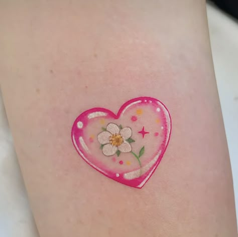 Soft Girly Tattoos, Cute Colored Tattoos Simple, Cute Small Colorful Tattoos, Kawaii Style Tattoo, Cute 3x3 Tattoos, Cute Tattoos With Color, Pink Color Tattoo, Cute Pink Tattoos, Small Colorful Tattoos For Women