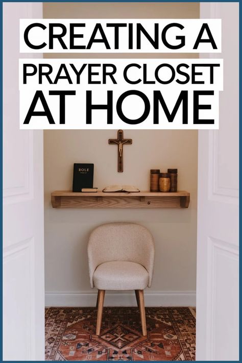 Home prayer closet with chair, wooden shelf, Bible, cross, and decorative items. Prayer Room Ideas, Connect With God, Prayer Closet, Prayer Station, Prayer Corner, Connecting With God, Soli Deo Gloria, Christian Prayers, Prayer Room