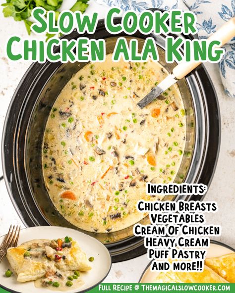 This Slow Cooker Chicken Ala King recipe harnesses all the flavors of tender chicken, a variety of vegetables, and a host of seasonings for ultimate comfort food that is absolutely delicious. The prep time is quick and the cooking time is incredibly short, meaning you can start this meal in the afternoon and have it on the table for dinner! - The Magical Slow Cooker Chicken Al La King Crockpot, Chicken Aka King Crockpot, Chicken A La King Recipes Crockpot, Crock Pot Chicken Ala King, Slow Cooker Chicken A La King, Crockpot Chicken Ala King, Crock Pot Chicken A La King, King Ranch Chicken Crockpot, Chicken Ala King Recipes Easy Crockpot