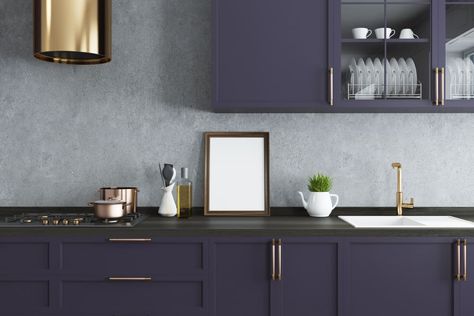 Dark Purple Kitchen, Kitchen Trends To Avoid, Purple Kitchen Cabinets, Purple Cabinets, Painted Kitchen Cabinets Colors, Purple Kitchen, Cabinet Paint Colors, Kitchen Design Trends, New Cabinet