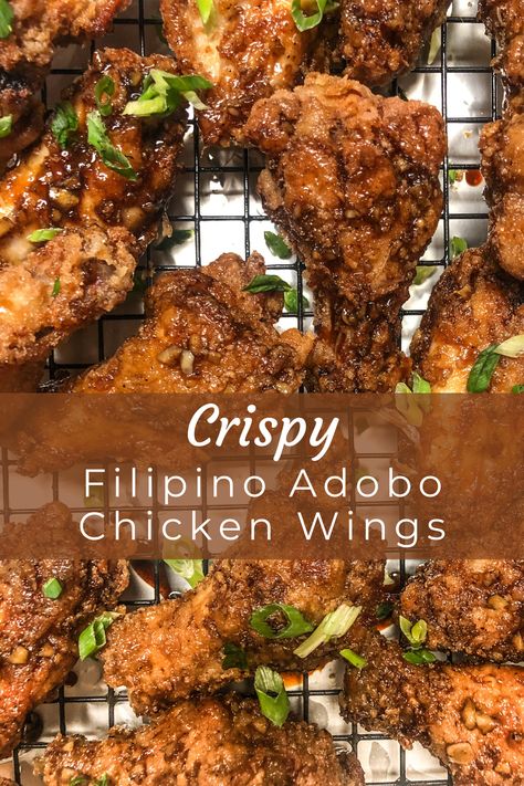 A twist to a traditional Filipino recipe! Super crispy wings marinated and glazed with a mixture of soy sauce, vinegar, and garlic. Chicken Wing Adobo Filipino, Adobo Chicken Wings Filipino, Chicken Wings Filipino Recipe, Filipino Chicken Wings, Adobo Chicken Wings, Filipino Adobo Chicken, Filipino Barbecue, Pilipino Recipe, Chicken Adobo Filipino