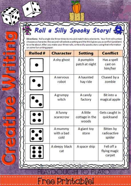 Roll a Silly Spooky Story - Awesome way to practice creative writing with 216 possible writing prompt combinations! Enjoy Halloween and have fun! Roll A Story, Playdough To Plato, Kindergarten Writing Prompts, Halloween Writing, Writing Prompts Funny, 2nd Grade Writing, Halloween Classroom, Writing Prompts For Kids, Picture Writing Prompts