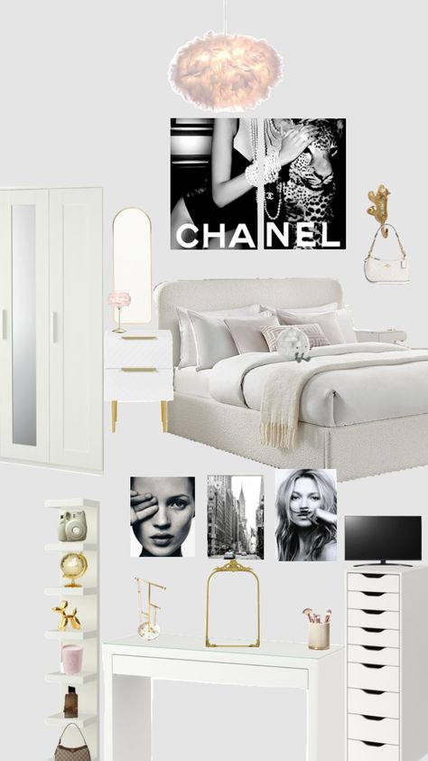 City Bedroom Decor, New York Aesthetic Room Decor, Elegant Teen Bedroom, Vogue Room Ideas, Chanel Room Aesthetic, Black And White Room Ideas Bedroom, New York Aesthetic Bedroom, Vouge Room Ideas, Bedroom Inspo Black And White