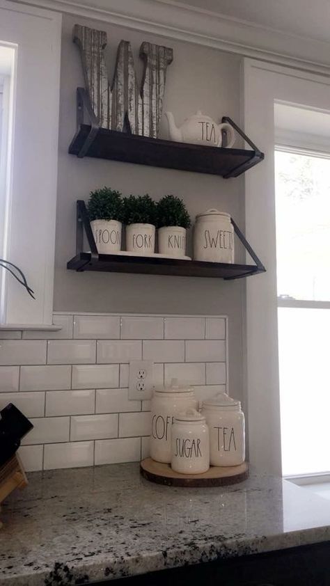 Backsplash Edging, Kitchen Jars Decor Display, Open Shelf Kitchen Decor, Dark Grout, Kitchen Shelving, Open Kitchen Shelves, Kitchen Light, Kitchen Display, Modern Farmhouse Kitchens