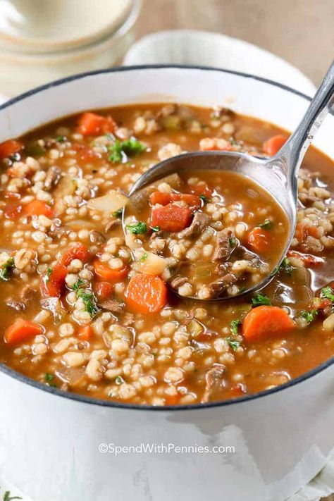 Beef Barley Soup Ham And Barley Soup, Chicken Barley Soup, Rangoon Recipe, Beef Barley, Beef Barley Soup, Barley Soup, Wild Rice Soup, Soups Stews, Homemade Beef