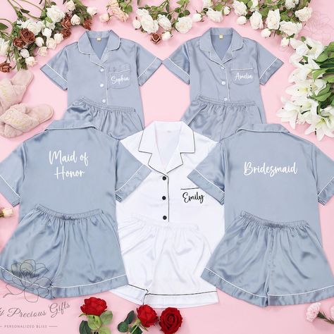 TahjPreciousGifts - Etsy Wedding Party Matching Pjs, Blue Getting Ready Pjs, Dusty Blue Bridesmaid Pajamas, Light Blue Bridesmaid Pajamas, Bridesmaid Pjs Pajama Set Bridal Parties, Bridesmaid Pjs Pajama Set, Bridesmaid Basket, Dusty Blue Theme, 7 Bridesmaids