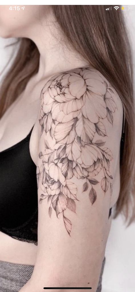 Flower Tattoos Meanings, Petunia Tattoo, Lilac Tattoo, Shoulder Cap Tattoo, Shoulder Sleeve Tattoos, Mandala Tattoo Sleeve, Traditional Tattoo Flowers, Tulip Tattoo, Lavender Tattoo