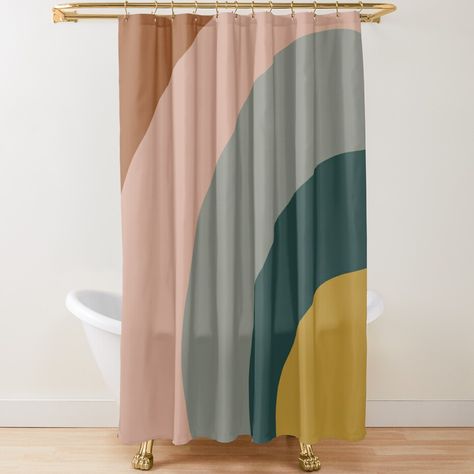 Extra-long decorative fabric shower curtains with 12 button holes. Comes ready to hang. Vivid, full-color printed on front and white on back. Fits most standard size tubs and showers. Sound Waves Minimalist Pattern in Mustard Yellow, Teal, Grey, Blush Pink, and Rust. Lovely, soothing shapes and colours. Boho earth tones. Modern minimal aesthetic. By Kierkegaard Design Studio. Girls Apartment, Teal Bathroom, Bathroom Color Schemes, Bathroom Color, Minimalist Pattern, Redecorate Bedroom, Bathroom Redo, Retro Waves, Modern Farmhouse Decor