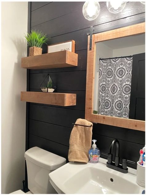 Black White And Wood Bathroom Farmhouse, Black And Brown Restroom Ideas, Bathroom Black And Brown, Black Bathroom Shiplap, Black Gold And Tan Bathroom, Black And Almond Bathroom, Bathroom Black Shiplap, Black Bathroom With Wood Accents, Black And Cedar Bathroom