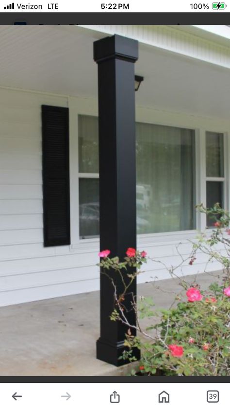 Black Porch Posts Columns, Front Porch Posts Columns Ranch Style, Black Porch Posts, Front Porch Posts Columns, Porch Transformation, Honeybee Design, Black Porch, Deck Railing Kits, Front Porch Posts