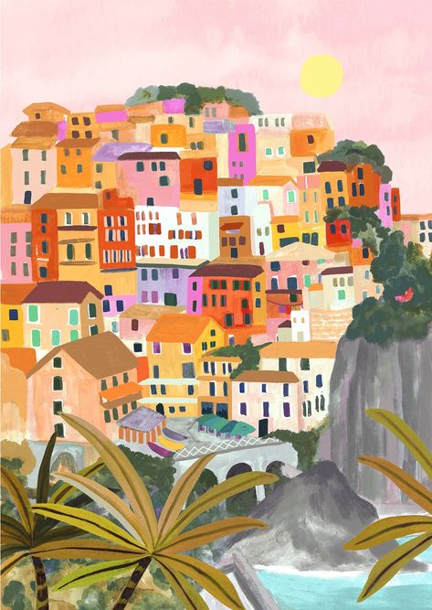 Cinque Terre Italy, Italy Art, Arte Inspo, Travel Illustration, Art Birthday, Landscape Illustration, Art And Illustration, New Wall, Travel Art