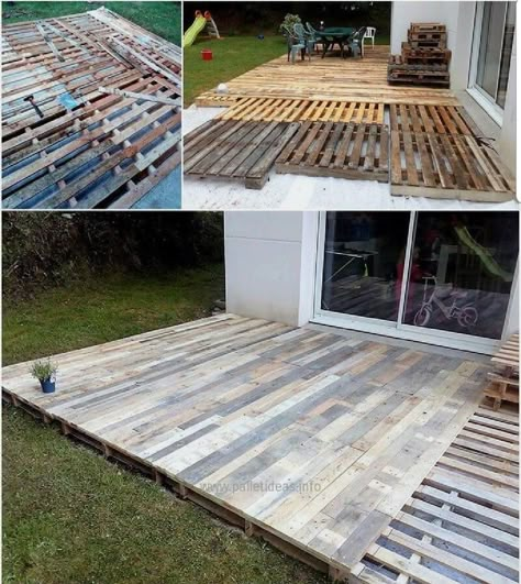 Pallet Patio Decks, Pallet Deck Diy, Outdoor Patio Ideas Backyards, Build A Deck, Outdoor Patio Designs, Pallet Patio, Vintage Garden Decor, Deck Decorating Ideas, Garden Deco