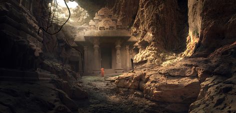 THE CAVE TEMPLE, rupesh mishra on ArtStation at https://www.artstation.com/artwork/0XD6e5 Cave Temple, Jungle Temple, Cave Entrance, Temple Art, Perspective Art, The Cave, Scene Design, Ancient Temples, Matte Painting