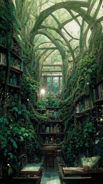 Fantasy Library, Magical Library, Reclaimed By Nature, Fantasy Rooms, Library Aesthetic, Art Program, Theme Nature, Fantasy House, Fantasy Places