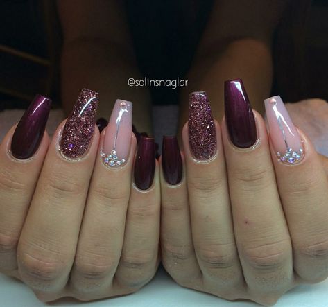 Ballerina Nails. Pink And Burgundy Nails. Burgundy Glitter Nails. Nails With Rhinestones. Acrylic Nails. Fall Nails. Pink And Burgundy Nails, Burgundy Glitter Nails, Maroon Nail Designs, Burgundy Acrylic Nails, Nails Burgundy, Nail Design Video, Pink And Burgundy, Maroon Nails, Graduation Nails