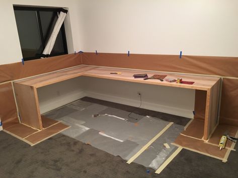 Diy Long Desk, Built In L Shaped Desk, Waterfall Edge Desk, L Shaped Desk Diy, L Shaped Desk Plans, Wood Waterfall, Modern Corner Desk, Waterfall Desk, Wood Corner Desk