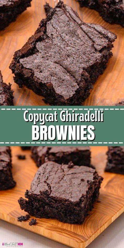 Incredibly rich, fudgy, and easy to make, you will permanently ditch the boxed brownie mix after making these Copycat Ghirardelli Brownies. Copycat Brownies Recipe, Ghirardelli Brownies Copycat, Extra Fudgy Brownies, Box Brownies With Caramel, Copycat Ghiradelli Brownie Mix Recipes, Giardelli Brownie Mix Recipes, Ghiradelli Brownie Recipes, Diy Brownie Mix Recipes, Chocolate Bar Recipes Homemade