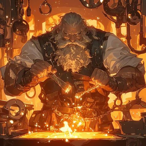 Blacksmith Forge Fantasy Art, Blacksmith Rpg, Fantasy Forge Concept Art, Blacksmith Concept Art, Anime Blacksmith, Blacksmith Outfit, Blacksmith Character Design, Blacksmith Aesthetic, Fantasy Blacksmith