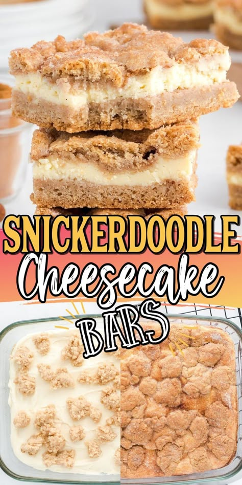 Snickerdoodle Cheesecake Bars Desserts For Farmers Market, Leftover Cheesecake Batter, Desserts That Dont Need Refrigerated, Little Debbie Cheesecake, Princess Pinky Girl Recipes, Snickerdoodle Cheesecake Bars, No Bake Cheesecake Bars, Snickerdoodle Desserts, Sugar Cookie Cheesecake