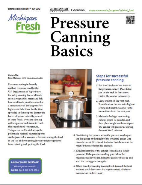 Pressure Canning Basics - MSU Extension Pressure Canning Hummus, Canning Basics, Low Acid Recipes, Water Bath Canning, Pressure Canner, Low Carb Soup, Pressure Canning, Fact Sheet, Hot Water