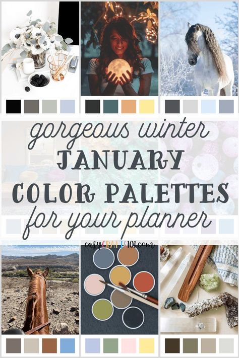 January Planner Inspiration - January and winter color palettes for your planner, memory planner, or scrapbook. So pretty! January Colors Palette, January Mood Board Inspiration, January Planner Layout, January Palette, Colors For January, January Color Palette, January Mood Board, January Planner, Beautiful Vision Boards